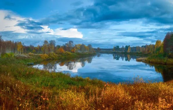 Картинка осень, трава, вода, облака, деревья, пейзаж, природа, отражение, река, синева, берег, растительность, даль, голубые, водоем, …
