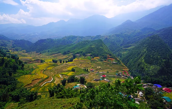 Картинка небо, облака, деревья, горы, поля, долина, панорама, домики, Вьетнам, леса, Muong Hoa Valley