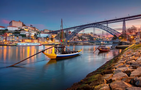 Картинка мост, река, лодки, Португалия, Portugal, Vila Nova de Gaia, Porto, Порту, река Дуэро, Вила-Нова-ди-Гая, Douro …