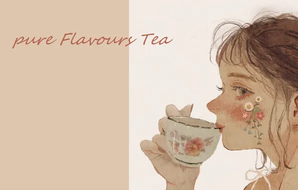Картинка девочка, в профиль, в руке, чашка чая