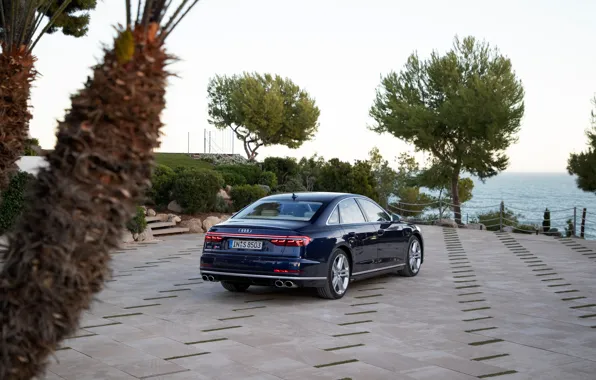 Картинка синий, Audi, сзади, седан, Audi A8, Audi S8, 2020, 2019, V8 Biturbo, у берега