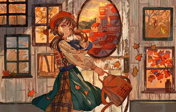 Картинка осень, девушка, комната, картины, рюкзак