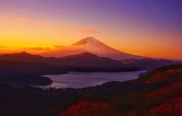 Картинка рассвет, Япония, залив, Japan, Фудзияма, Fuji Mountain