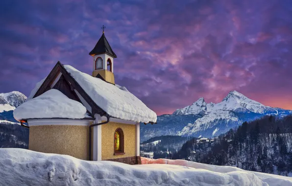 Картинка зима, снег, пейзаж, закат, горы, природа, Германия, Бавария, часовня, Вацманн
