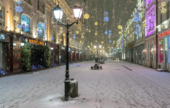 Картинка зима, снег, улица, фонари, Эдуард Гордеев