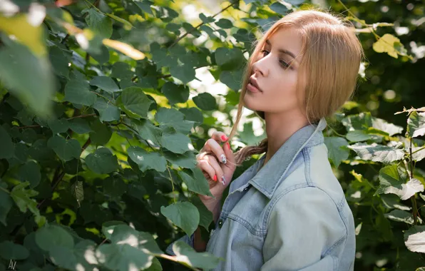 Картинка взгляд, листья, Девушка, блондинка, Andrey Vechkenzin, Irina Karpova
