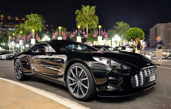 Картинка чёрный, Aston Martin, суперкар, ночной город, one-77