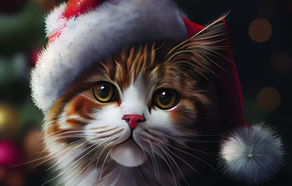 Картинка кошка, кот, взгляд, темный фон, котенок, рыжий, Рождество, Новый год, мордашка, боке, колпак Санты, диджитал …