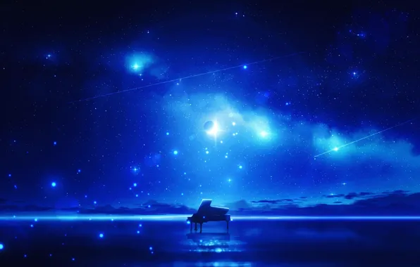 Картинка небо, вода, ночь, музыка, пианино