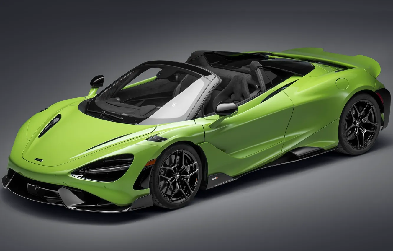 Фото обои McLaren, sports car, exterior, gray background, 2021, McLaren 765LT Spider, light green color