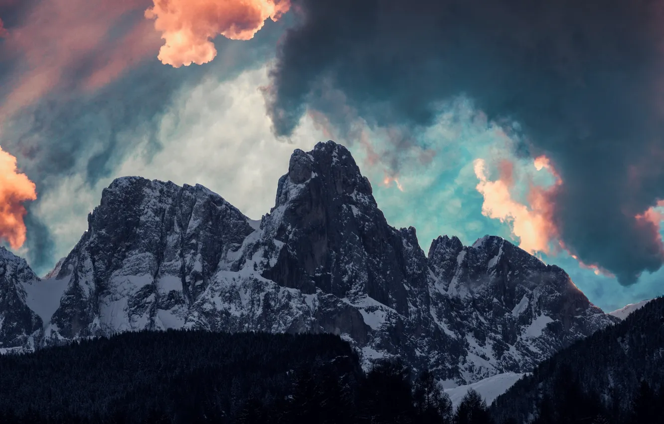 Фото обои зима, небо, облака, снег, деревья, горы, природа, скалы, Италия, Vigo di Fassa