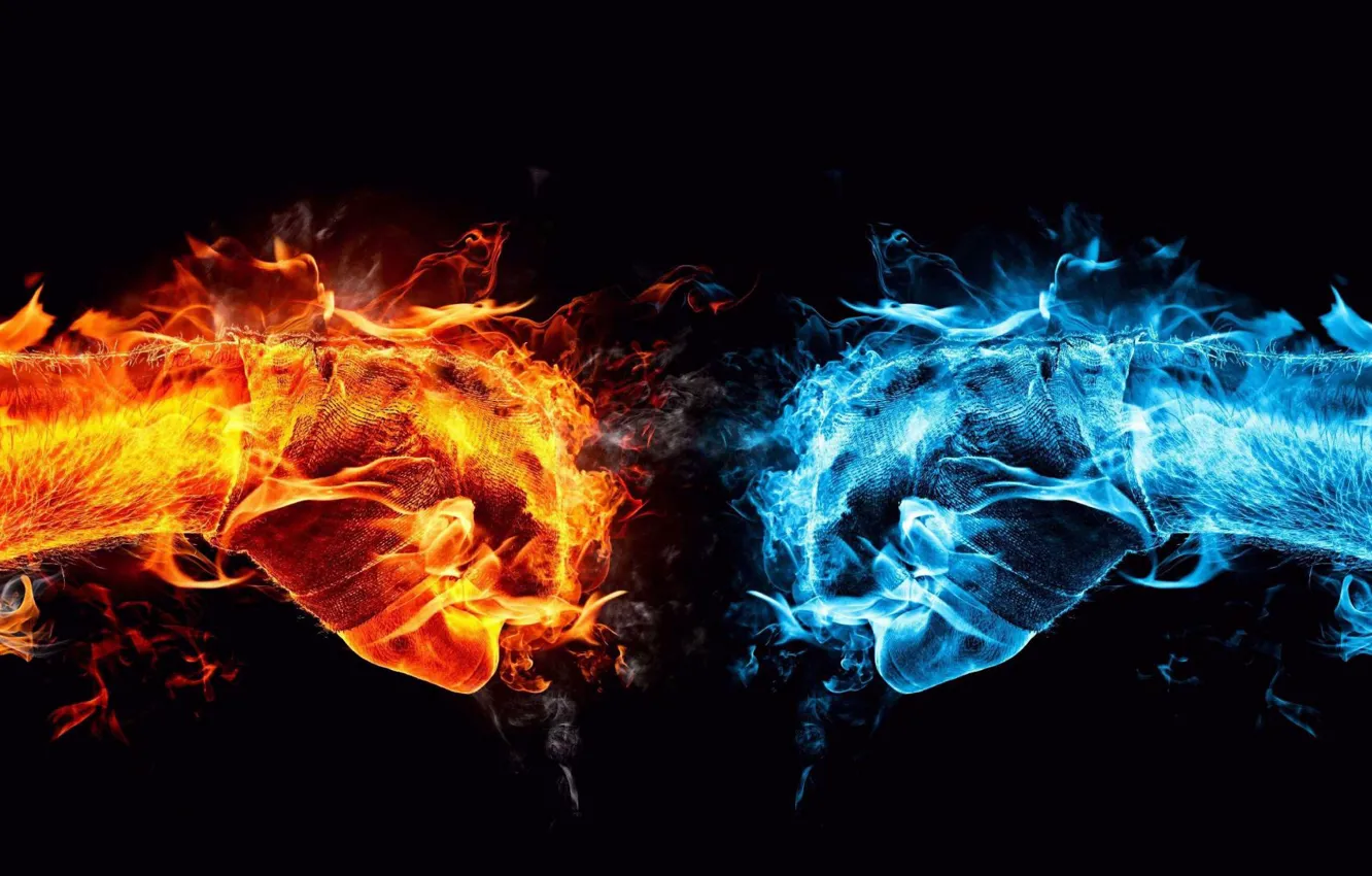 Фото обои лед, красный, огонь, голубой, fire, red, столкновение, ice, кулаки, blue, black background, collision, черный фон, …