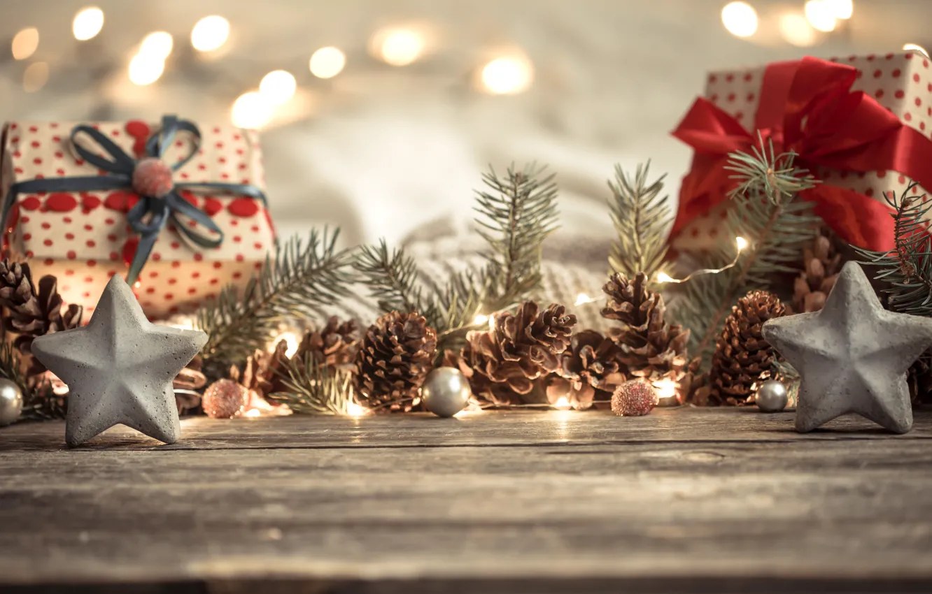 Фото обои звёзды, Рождество, подарки, Новый год, шишки, веточки, декорация