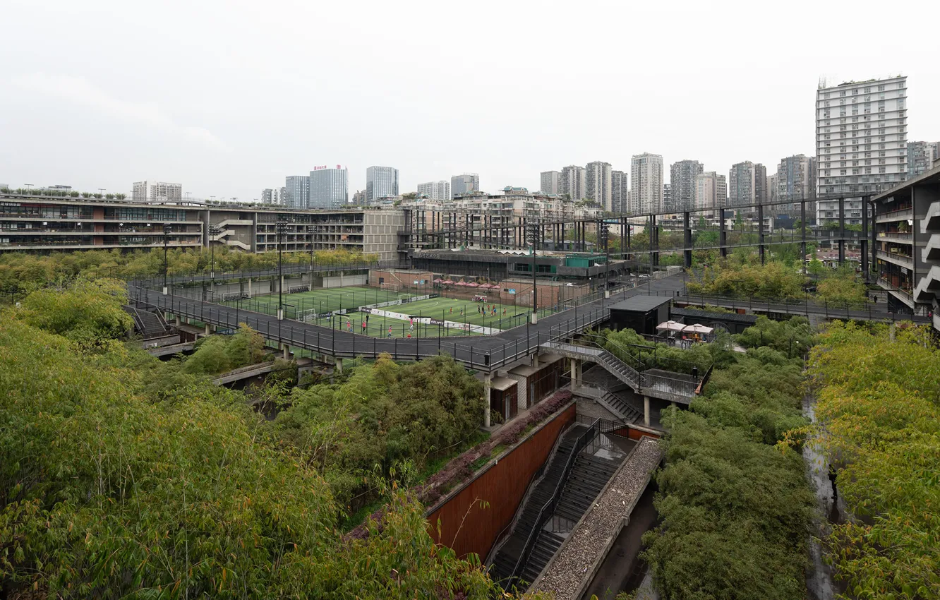 Фото обои деревья, здания, ступени, площадка, West Village Basis Yard - Chengdu