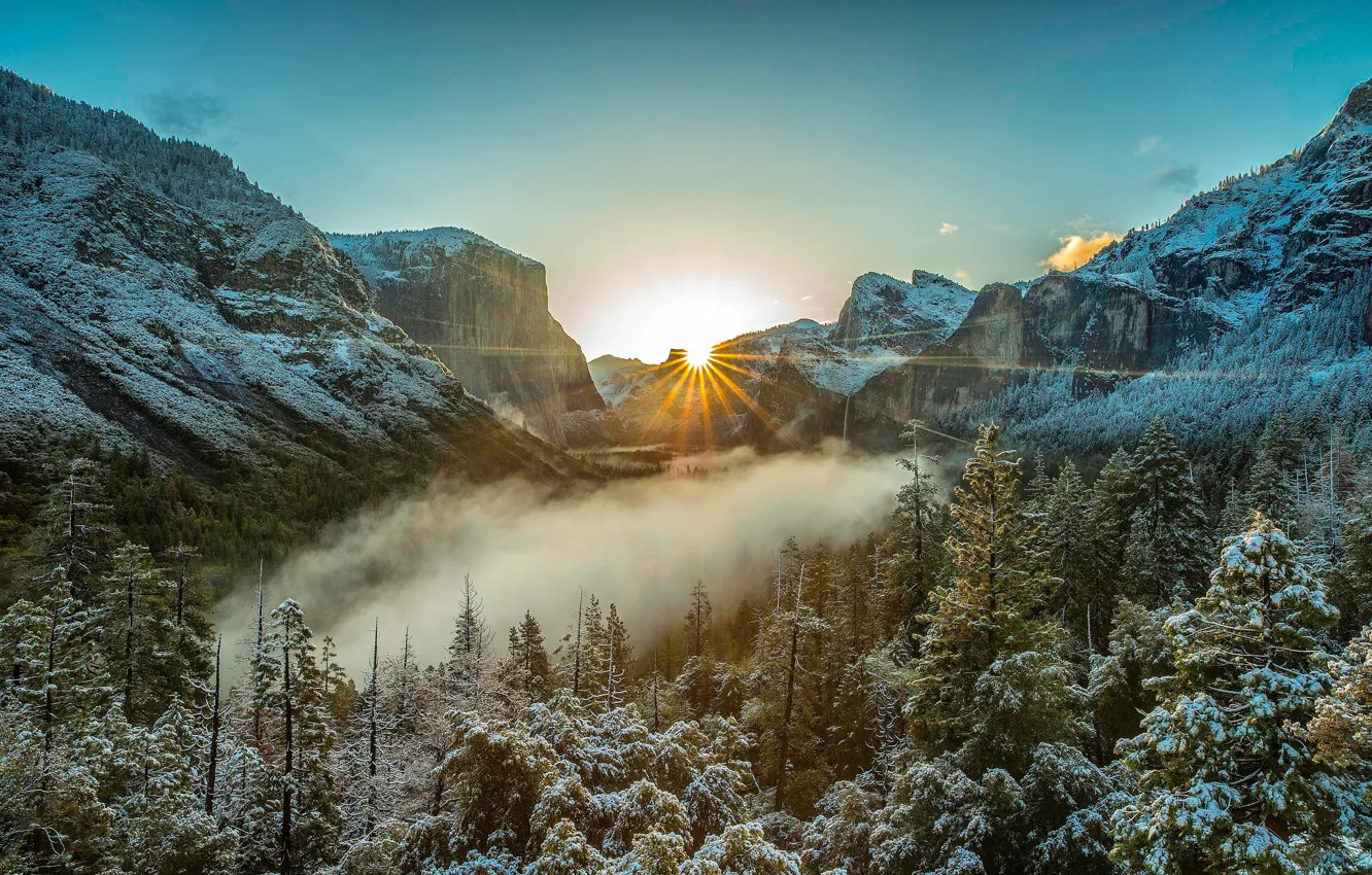 Фото обои зима, иней, лес, небо, солнце, лучи, свет, снег, деревья, пейзаж, горы, туман, скалы, рассвет, склоны, …