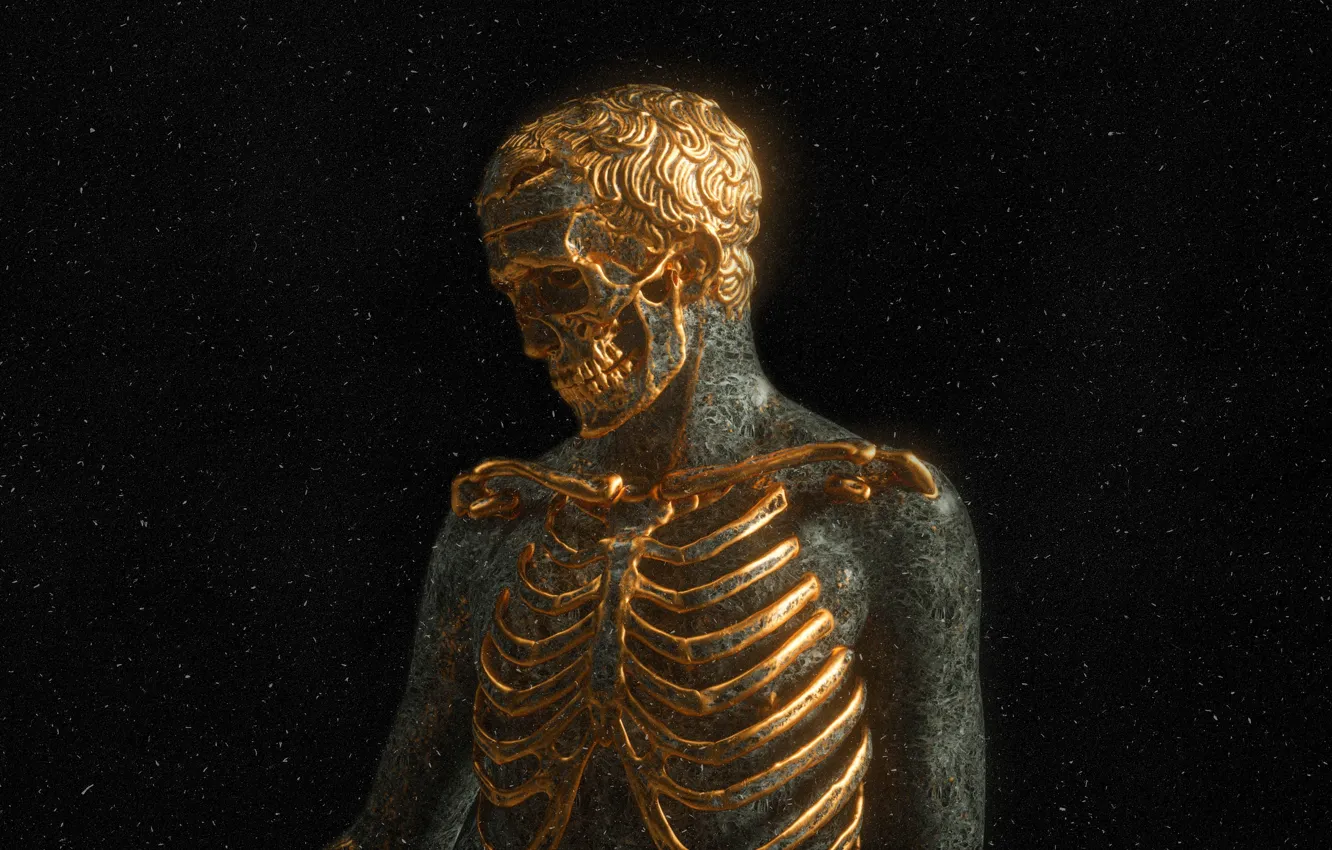 Фото обои тьма, череп, зубы, кости, скелет, золотой, позолота, человеческий