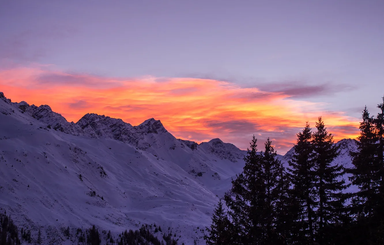 Фото обои зима, небо, облака, снег, деревья, закат, горы, природа, вечер, Швейцария, Switzerland, Arosa, Ароза