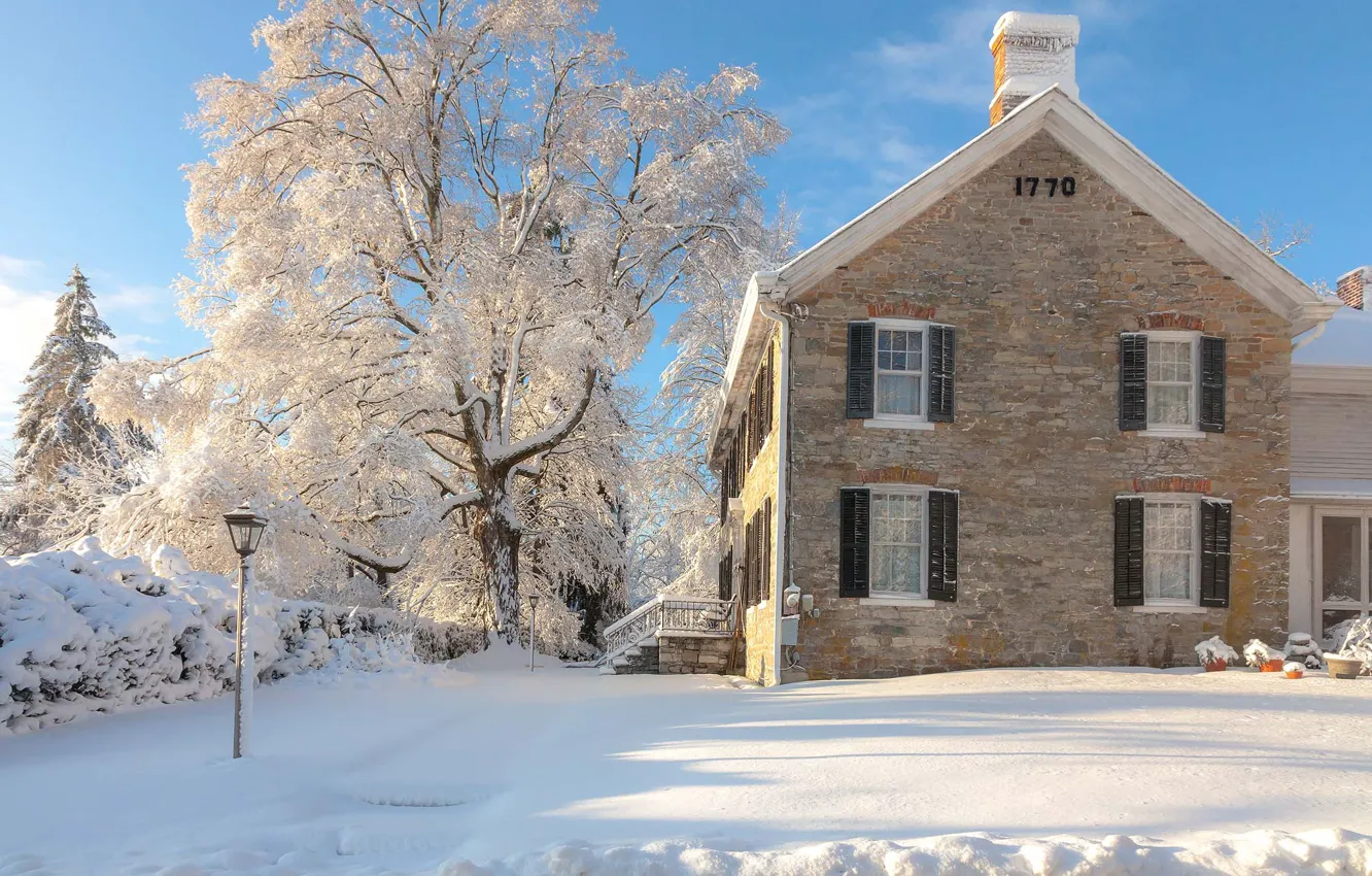 Фото обои зима, снег, деревья, пейзаж, природа, дом, Антонина Яновска