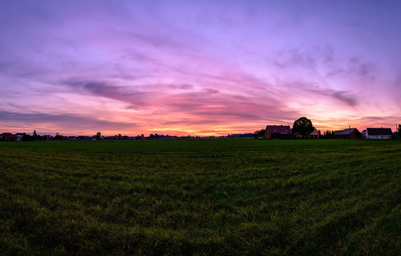 Фото обои grass, twilight, sky, field, landscape, nature, clouds, houses, sunrise, Village