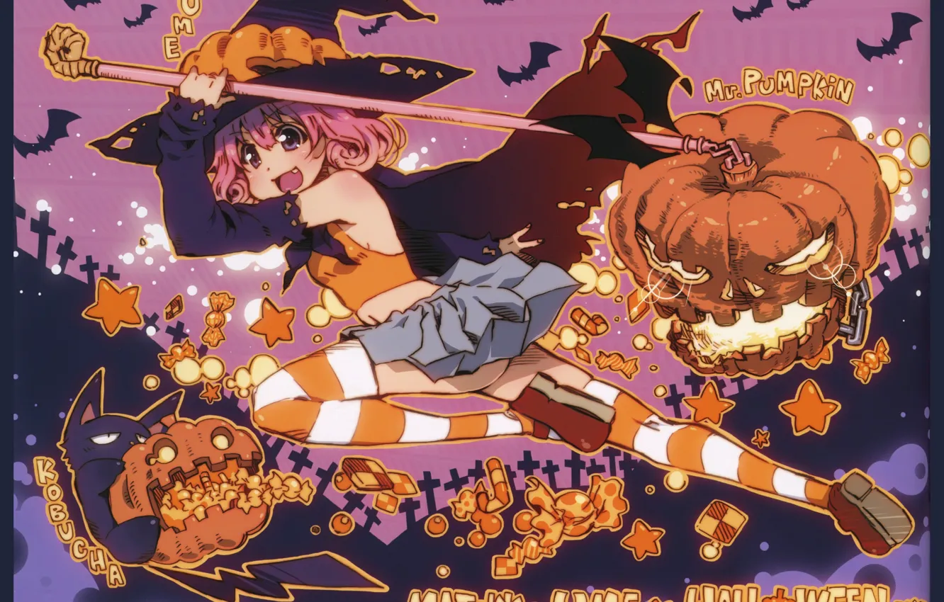 Фото обои кресты, пасть, безумие, pumpkin, черный плащ, hallowen, светильник джека, тыква с глазами, ведьма в шляпе, …