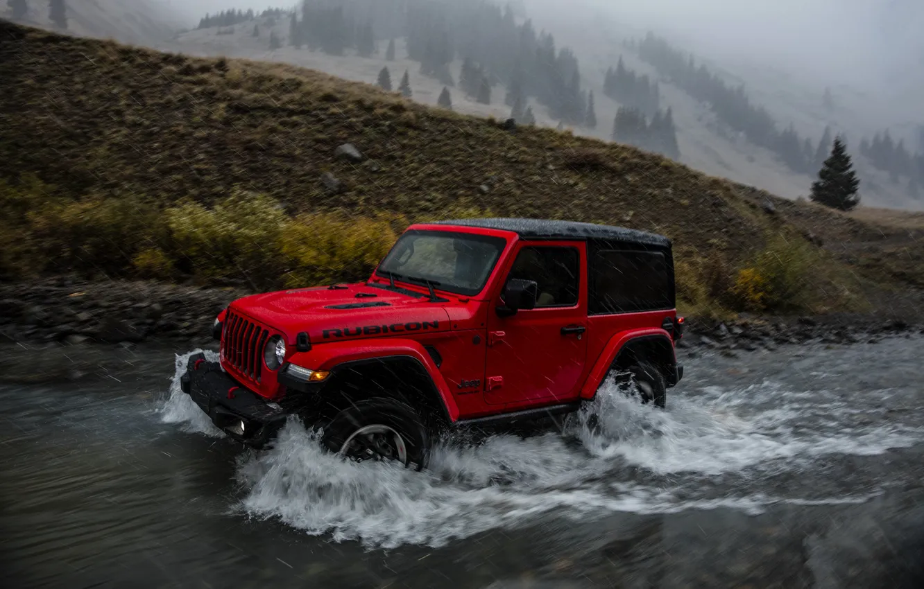 Фото обои волны, красный, ручей, дождь, 2018, Jeep, Wrangler Rubicon