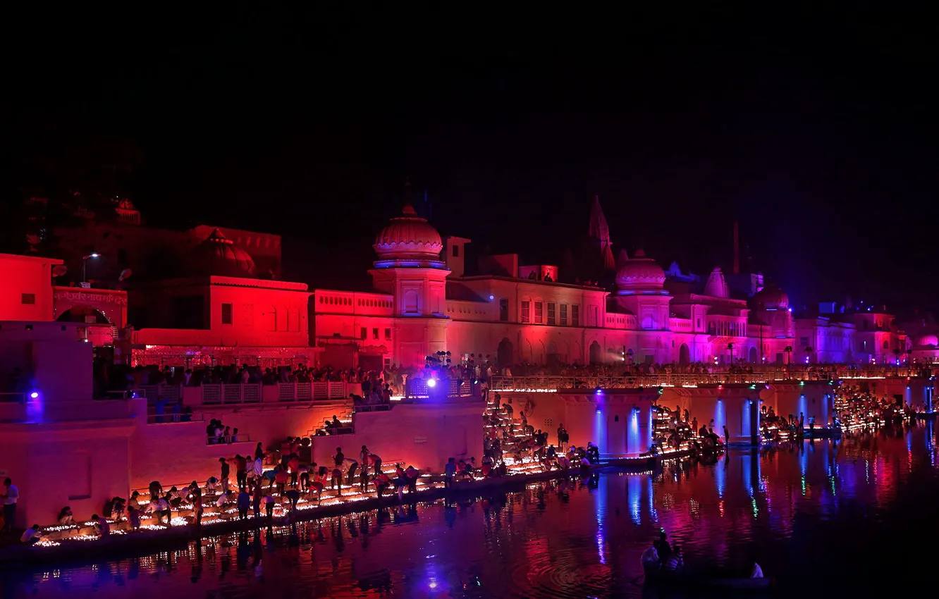 Фото обои ночь, огни, Индия, река Сараю, Айодхья
