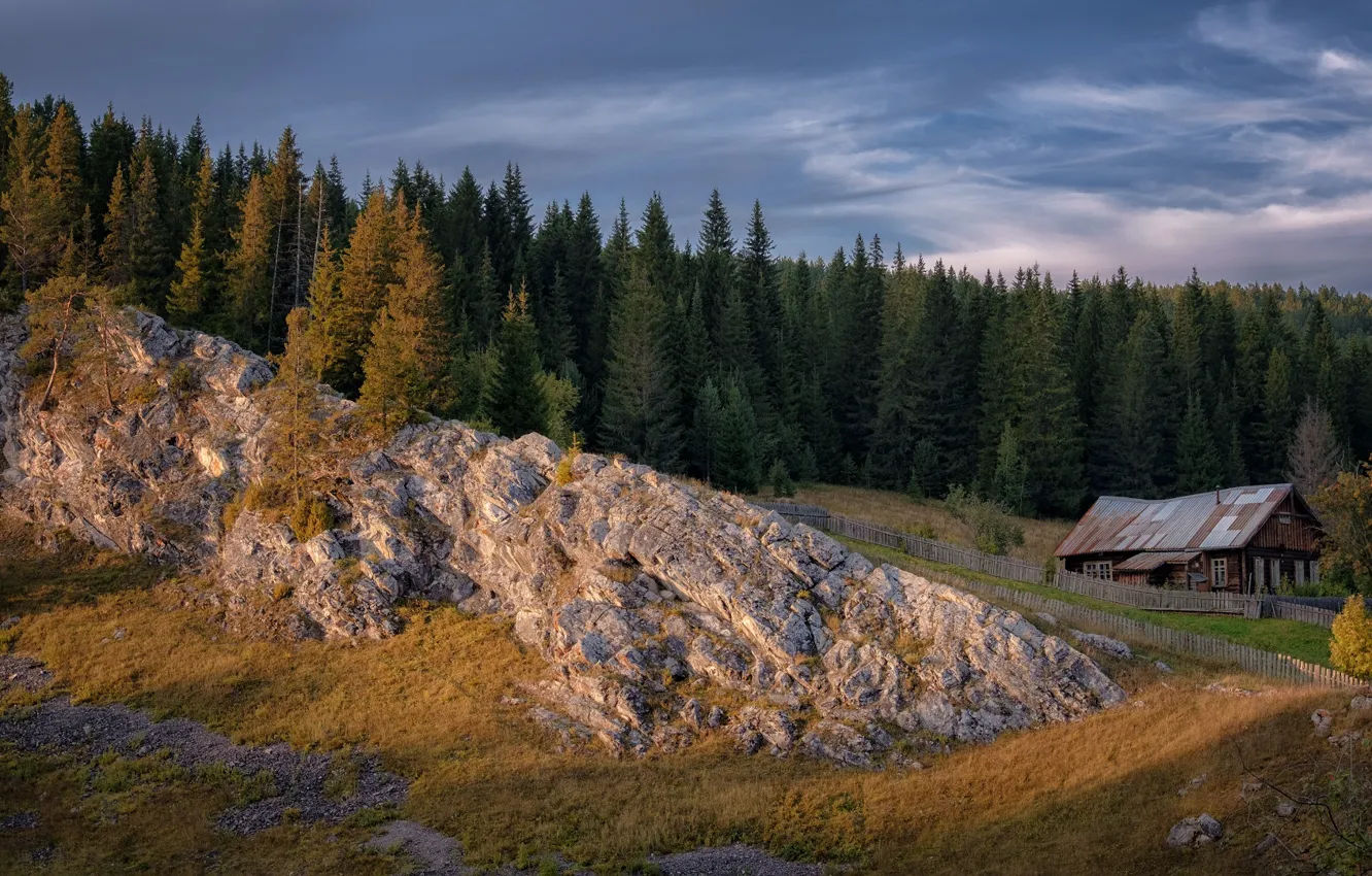 Фото обои лес, пейзаж, природа, дом, скалы, Урал, Пермь, Андрей Чиж