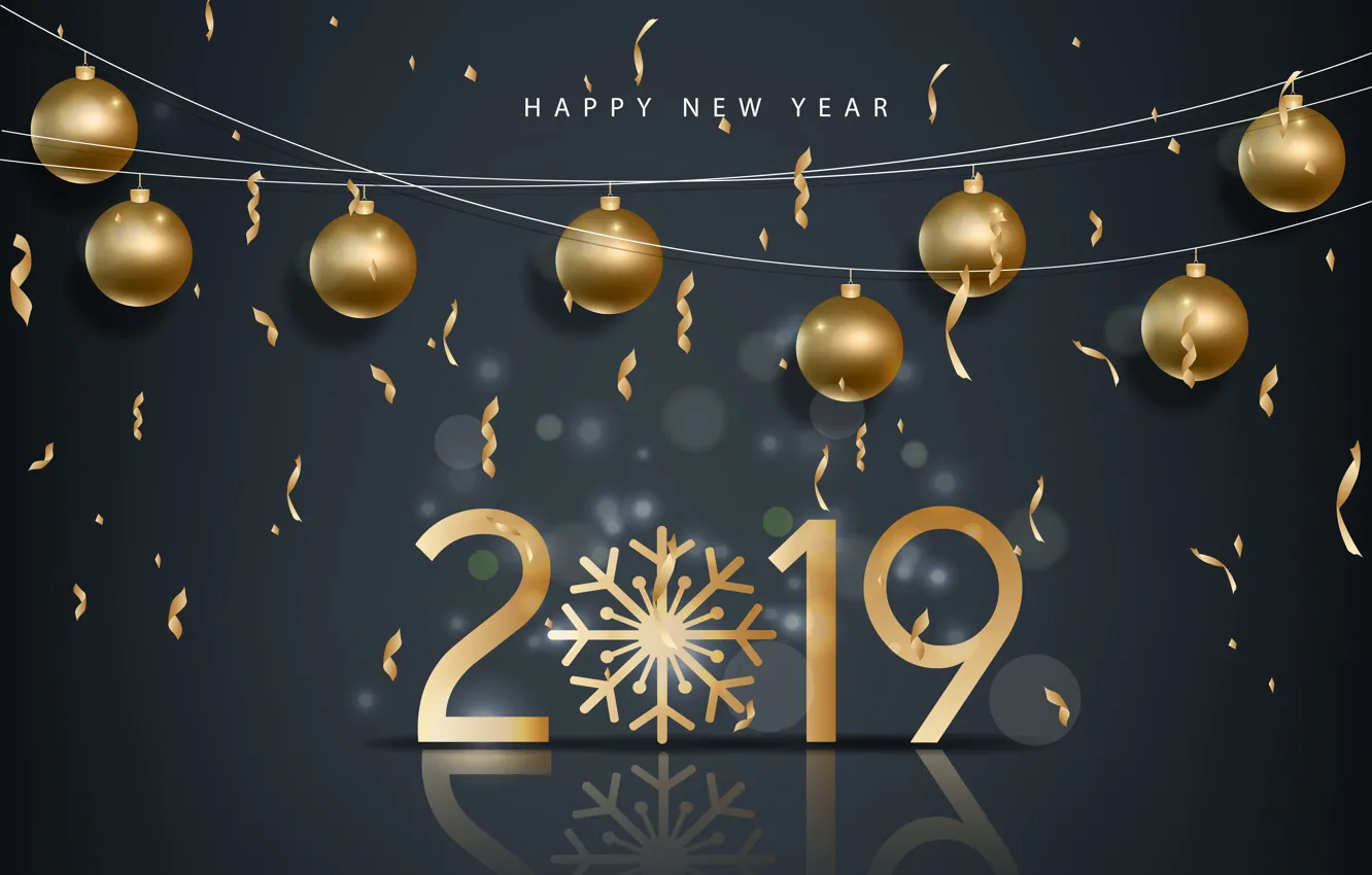 Фото обои золото, Новый Год, цифры, golden, черный фон, black, balls, background, New Year, Happy, sparkle, 2019