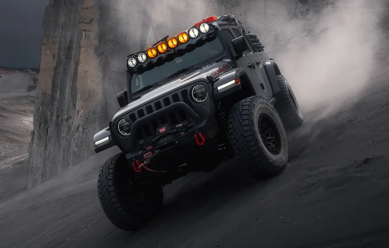 Фото обои wheels, jeep, wrangler, dark background, headlights, rubicon 7r