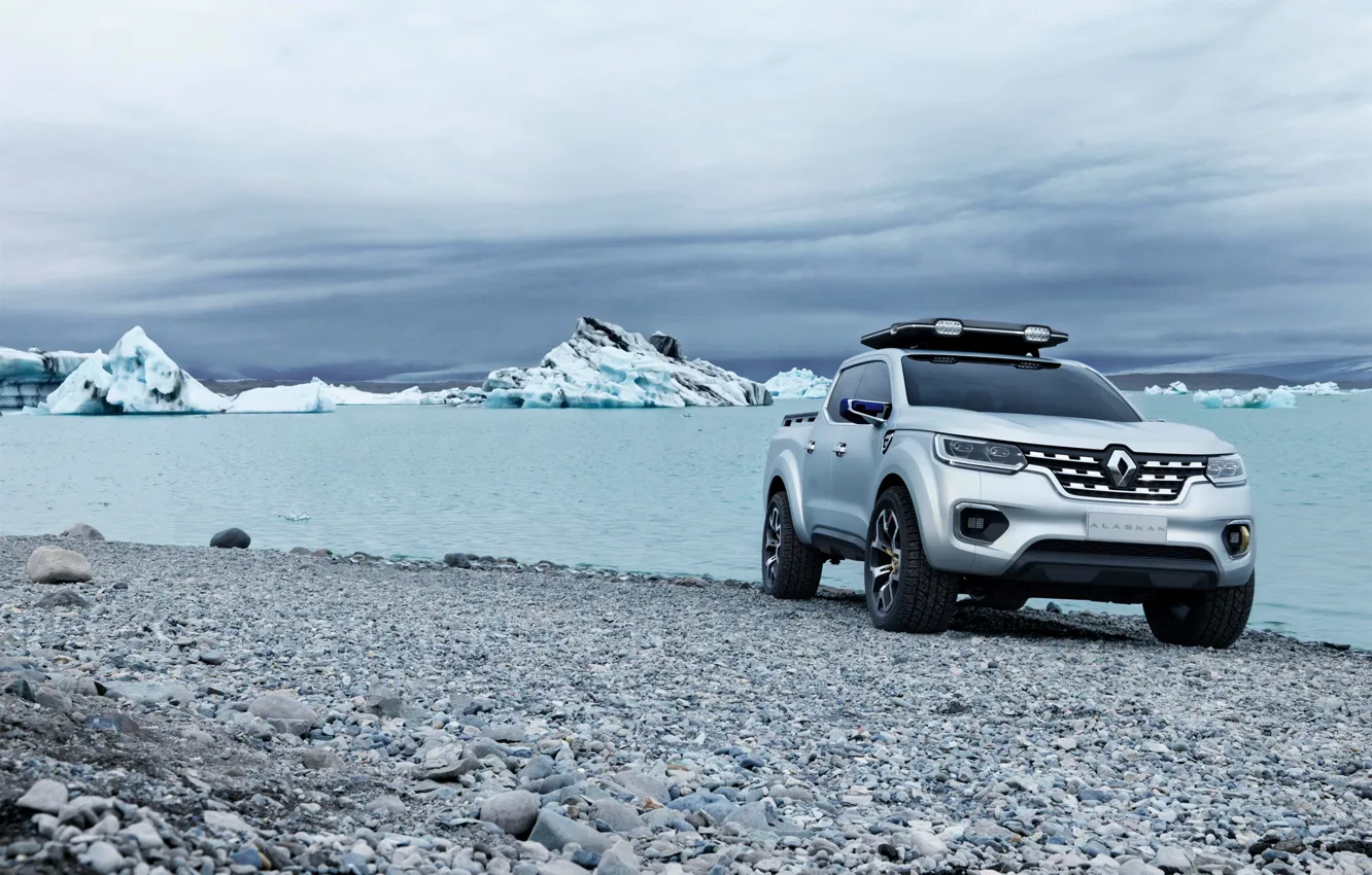 Фото обои камни, берег, серебристый, льды, Renault, пикап, 2015, Alaskan Concept