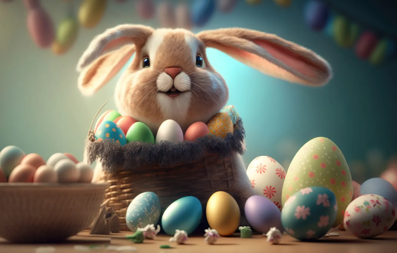 Фото обои яйца, colorful, кролик, Пасха, spring, Easter, eggs, bunny, cute, decoration