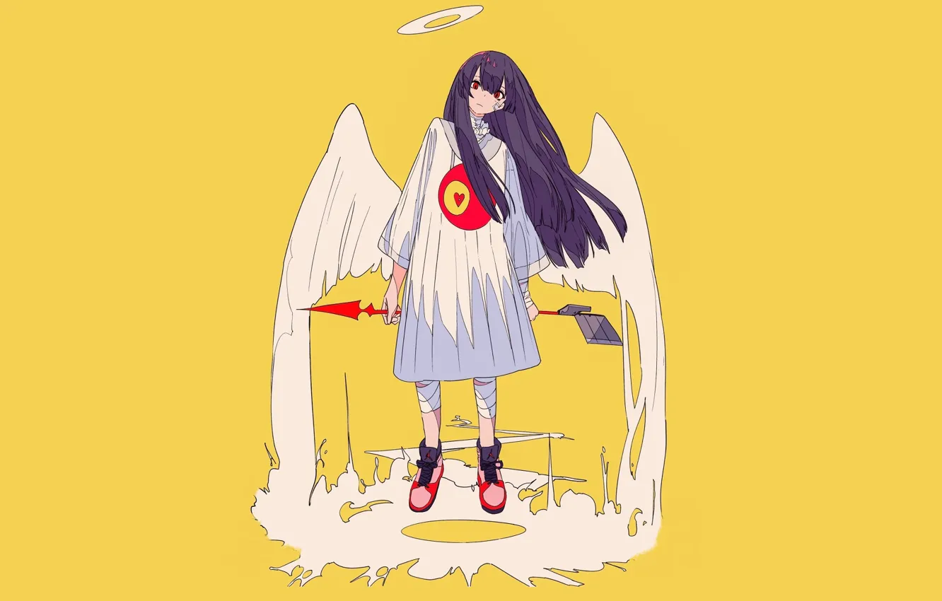 Фото обои крылья, ангел, аниме, арт, девочка, жёлтый фон