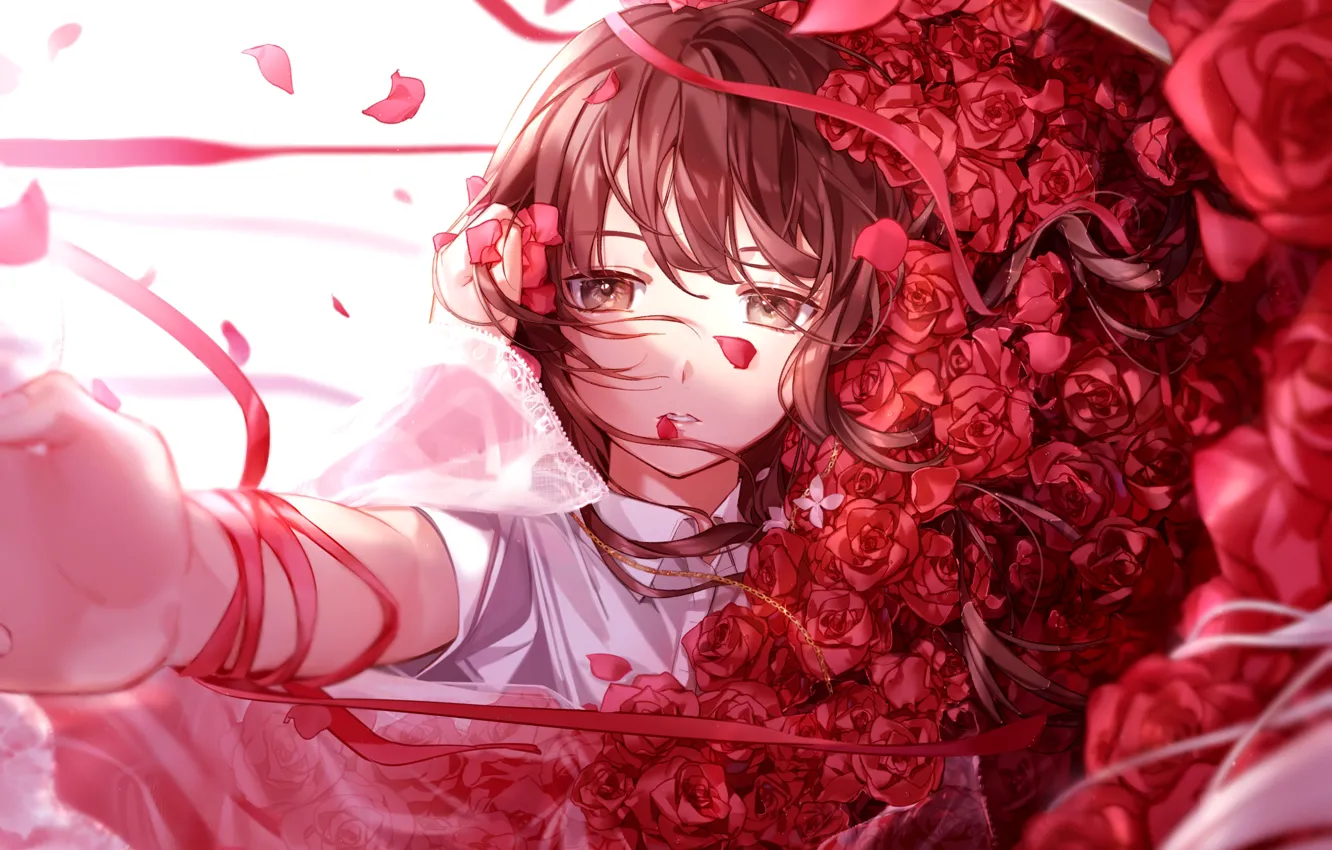 Фото обои девушка, розы, букет, красные розы