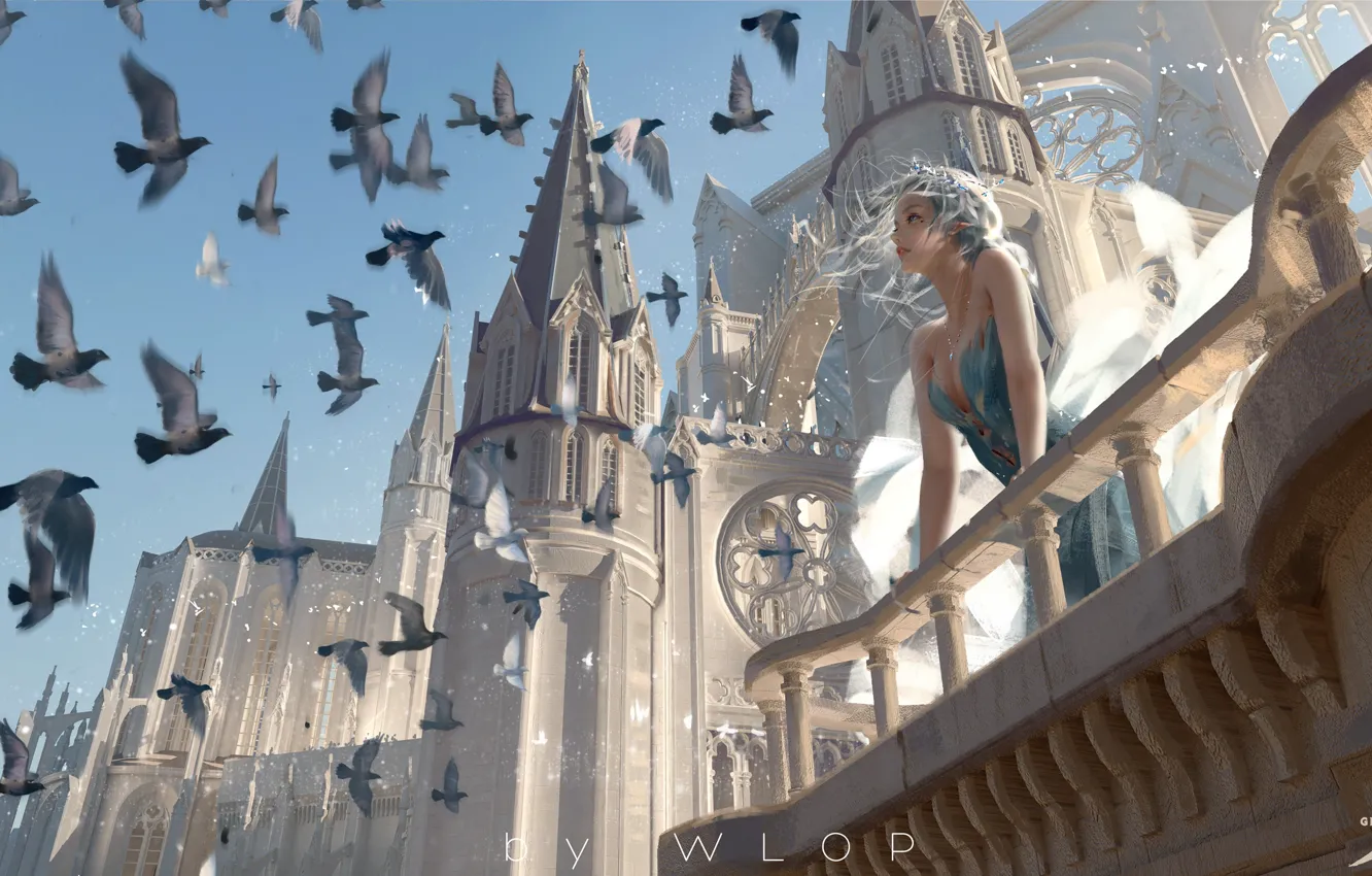Фото обои девушка, птицы, здание, фэнтези, арт, голуби, башни, балкон, эльфийка, иллюстрация