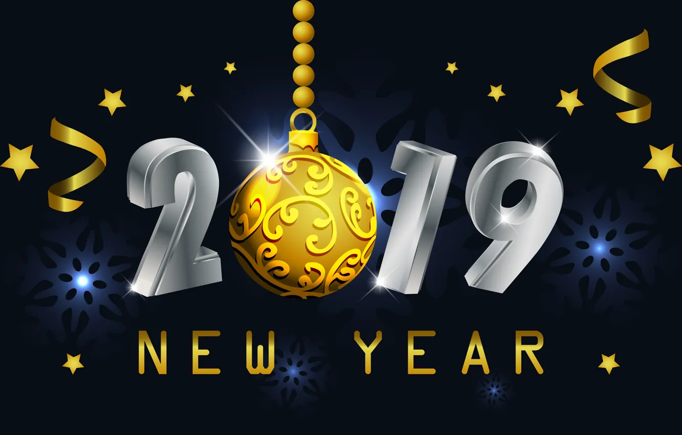 Фото обои золото, Новый Год, цифры, golden, черный фон, black, background, New Year, Happy, sparkle, 2019