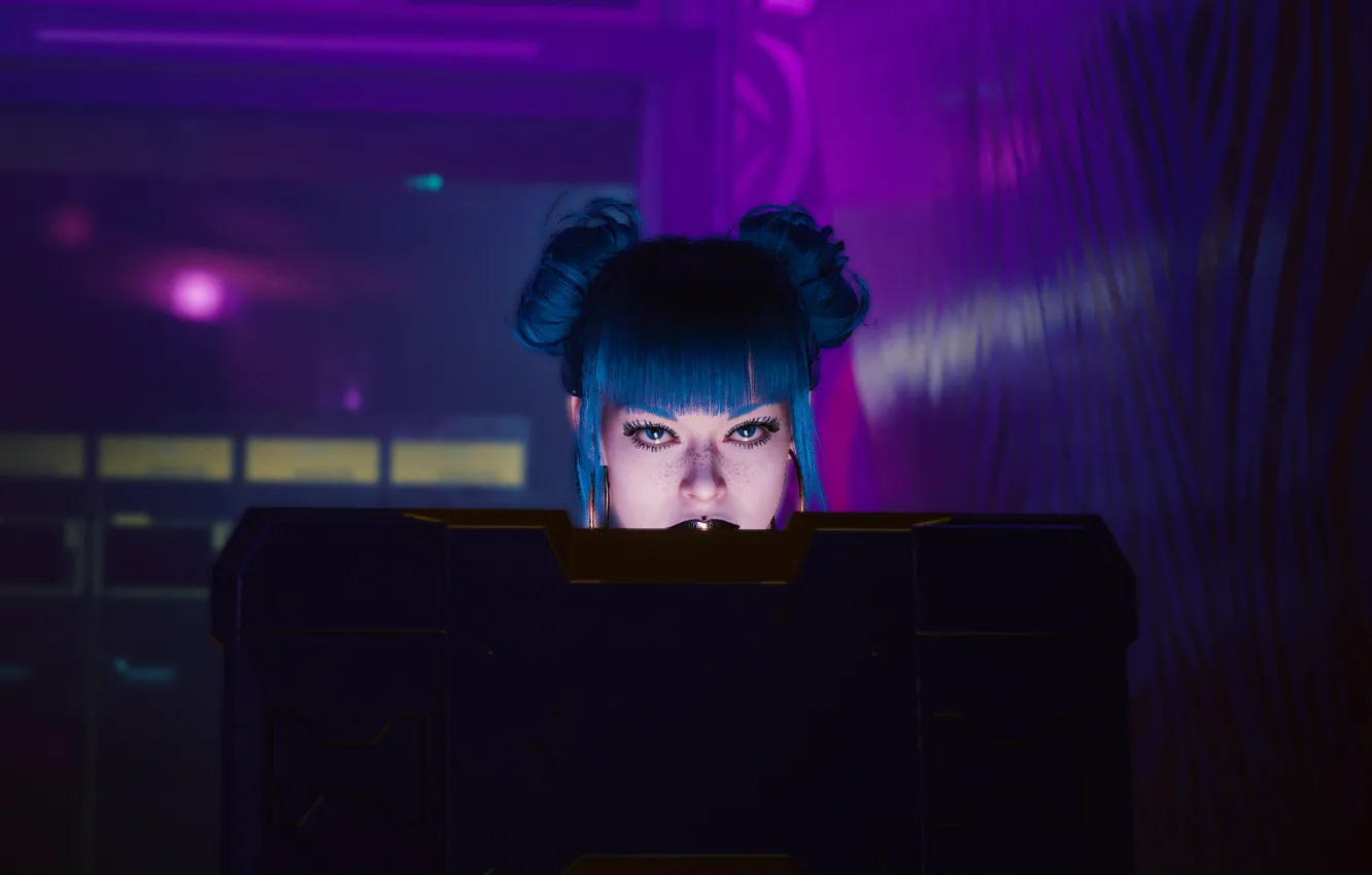 Фото обои girl, computer, cyberpunk, lips, look, violet, looking, cyberpunk 2077, reception, Night City