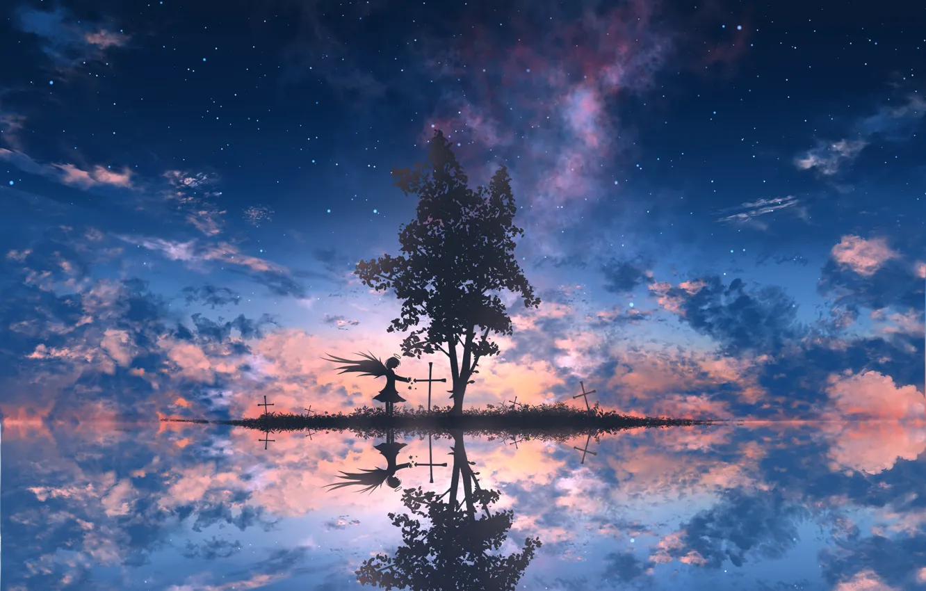 Фото обои небо, облака, закат, дерево, ангел, силуэты, ツチヤ