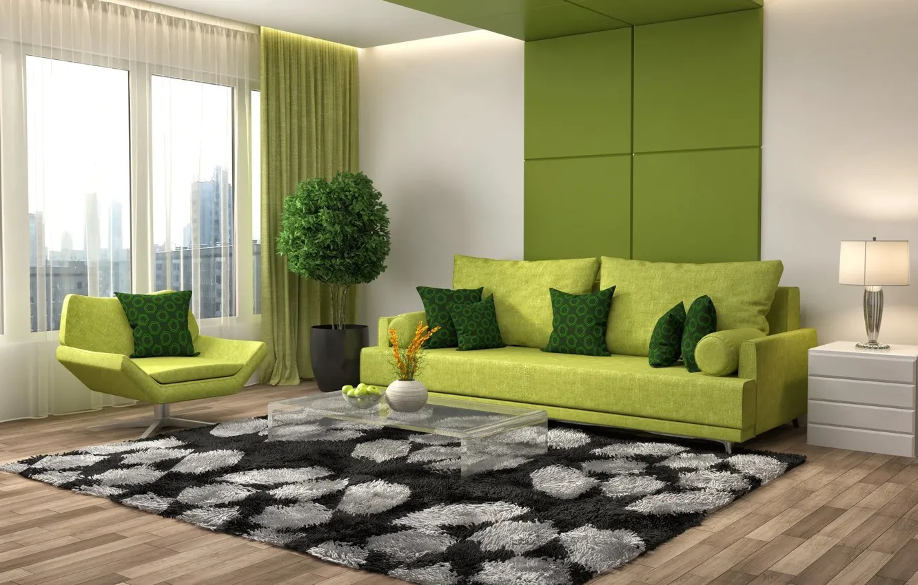 Зеленый диван в интерьере гостиной и шторы