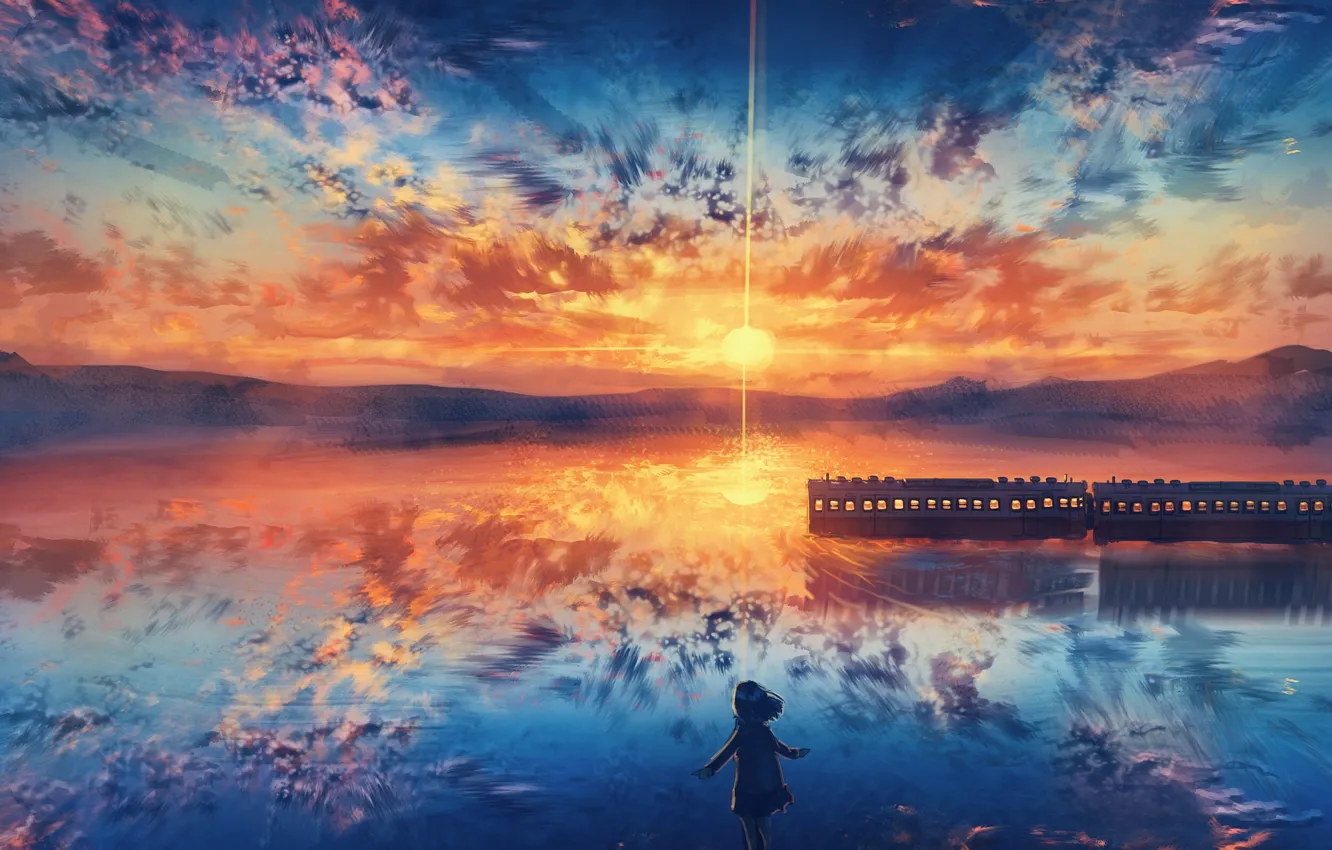 Фото обои небо, вода, девушка, закат, поезд
