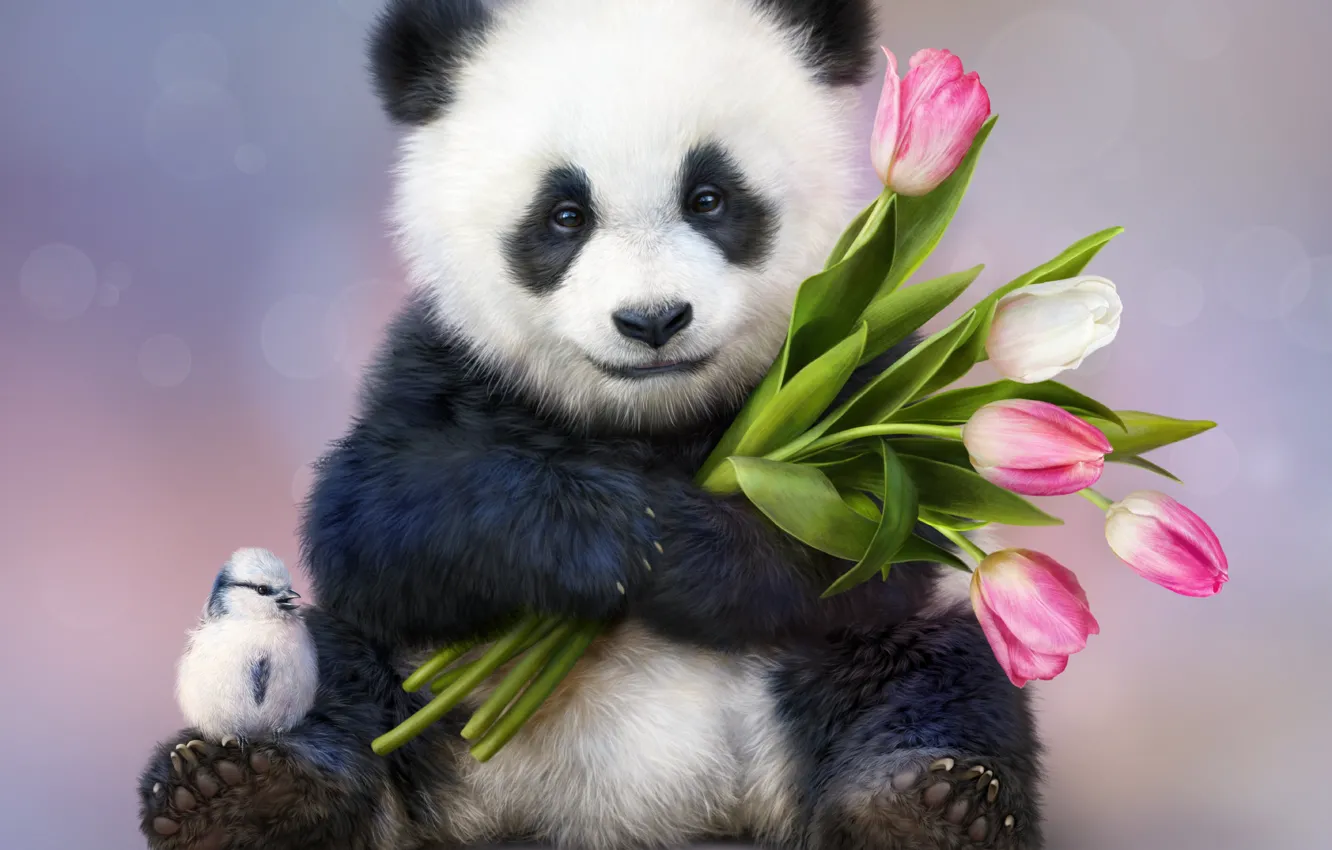 Фото обои цветы, фон, настроение, птица, панда, тюльпаны, птичка