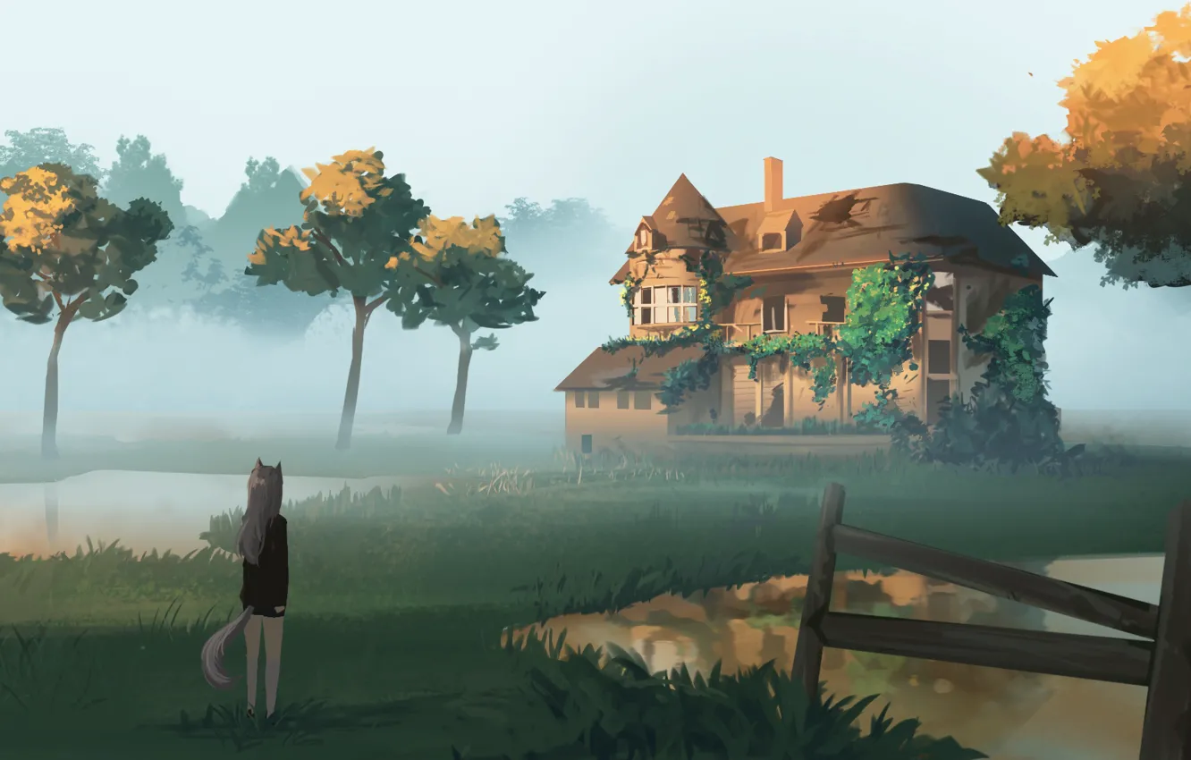 Фото обои пейзаж, туман, дом, девочка, живопись