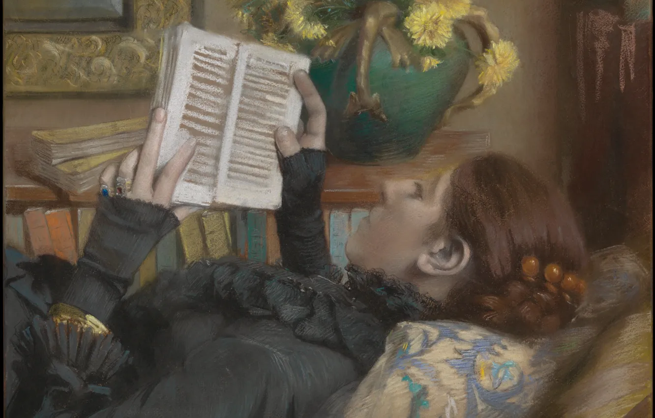 Фото обои девушка, книга, живопись, Albert Bartholomé