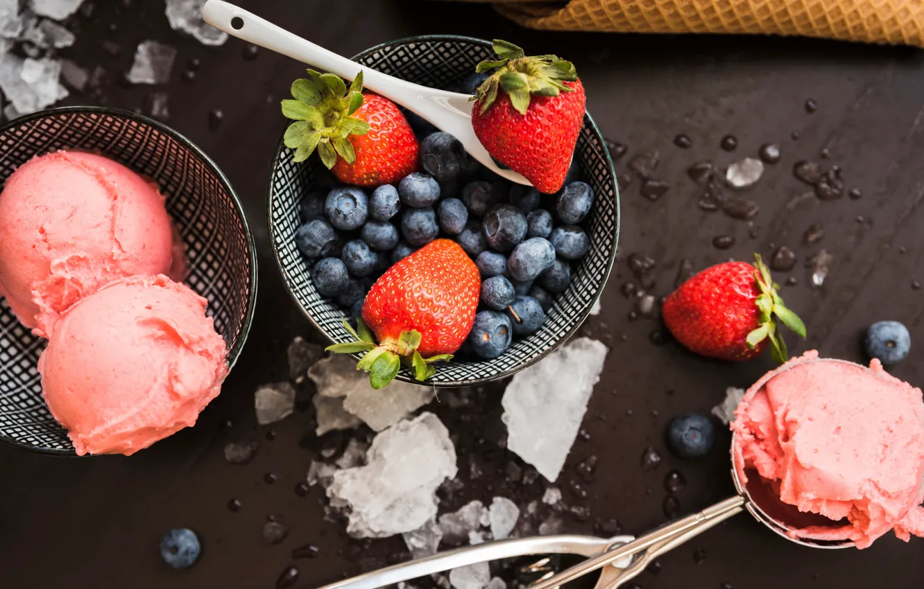 Фото обои ягоды, клубника, мороженое, десерт, голубика