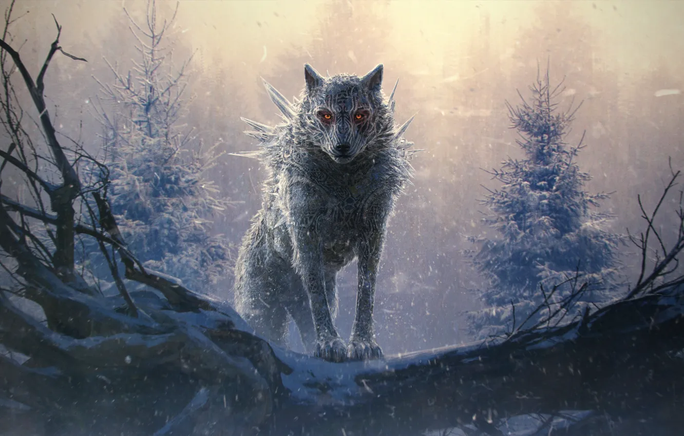 Фото обои холод, страх, волк, оборотень, горящие глаза, werewolf, матерый, мрачное место, туман в лесу, by Thomas …