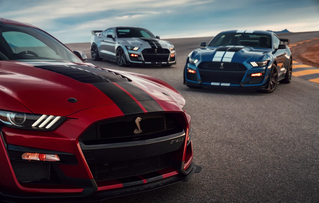 Фото обои синий, Mustang, Ford, Shelby, GT500, капот, тройка, кровавый, 2019, серо-серебристый