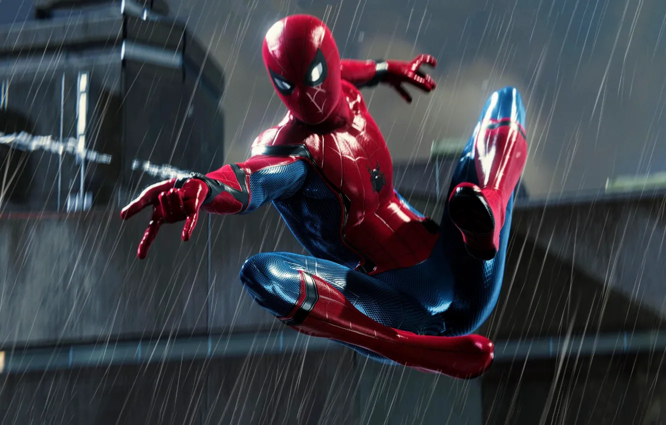 Фото обои Rain, Spider Man, PS4, Playstation 4 Pro, Marvel's Spider-Ma...