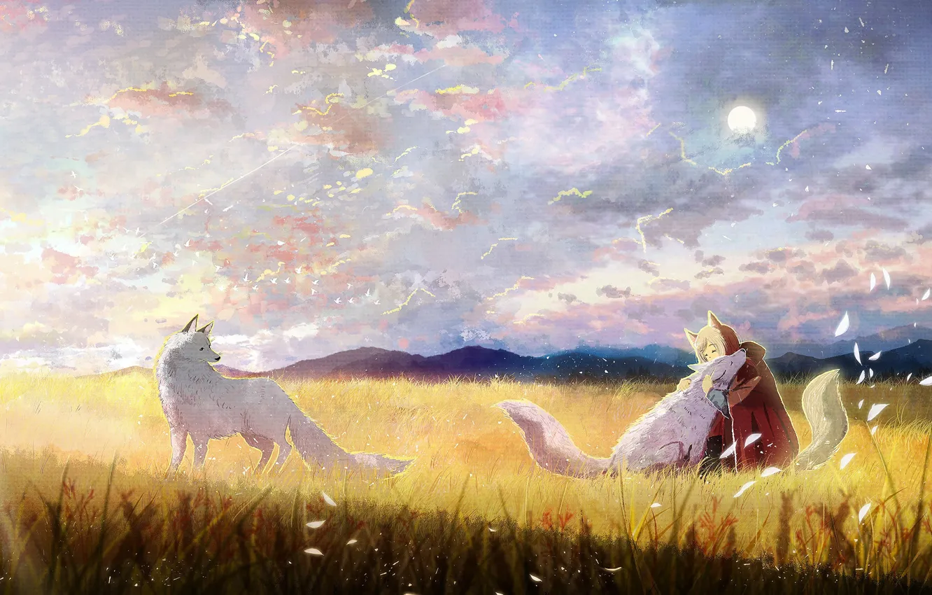 Фото обои поле, девочка, волки, живопись, ao (aohari)