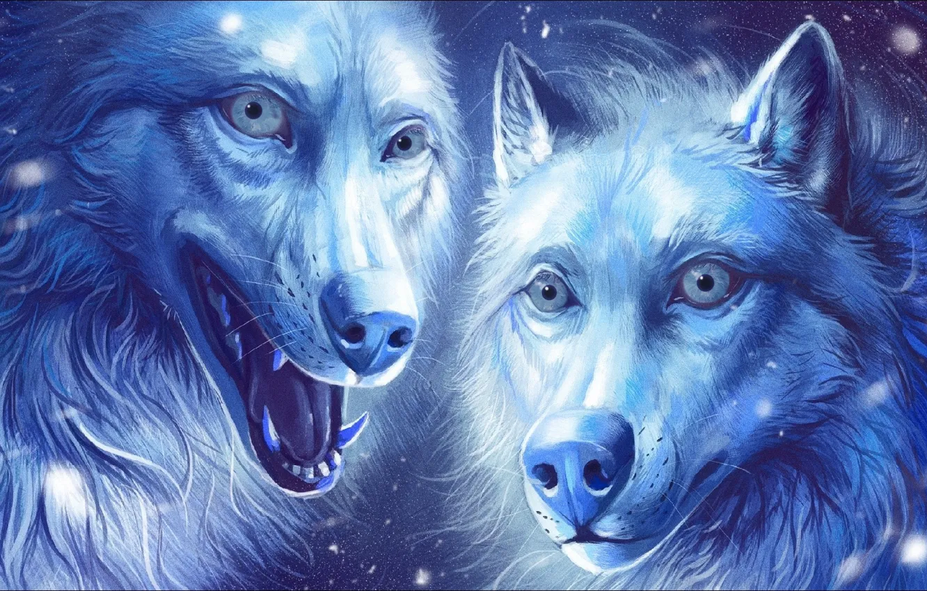 Фото обои fantasy, Art, two, wolves