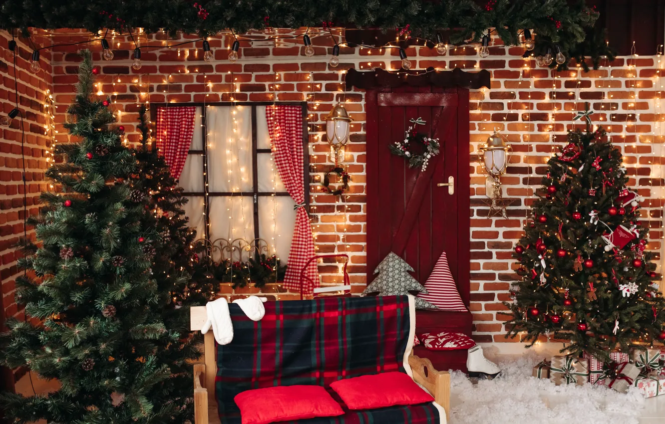 Фото обои елка, Рождество, подарки, Новый год, new year, Christmas, design, room, interior, decoration, gift box, fir …