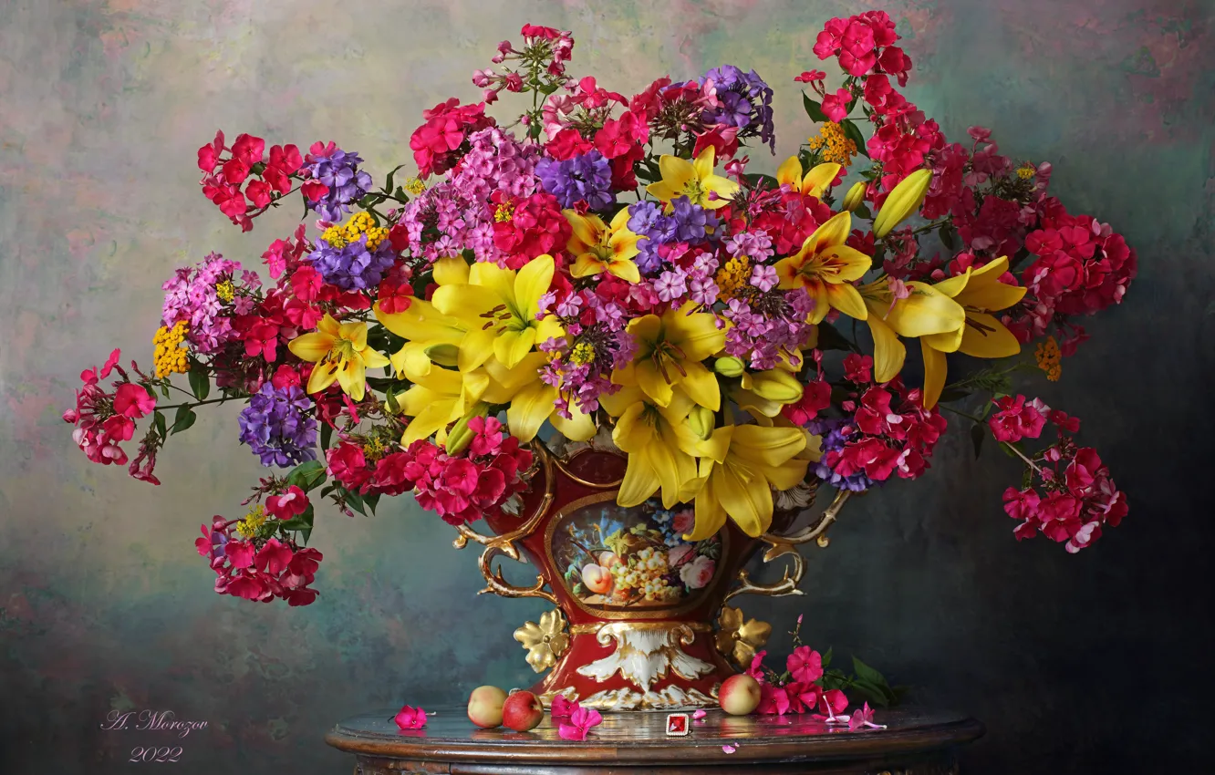 Фото обои цветы, стиль, лилии, букет, ваза, флоксы, Андрей Морозов